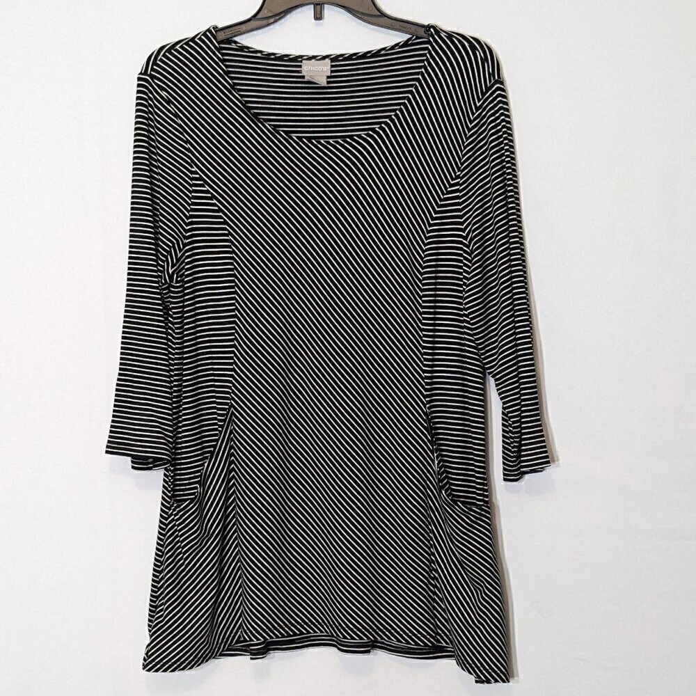 CHICO'S Black w White Stripes Long Flared Knit Tunic Dress w Pockets; Size 12